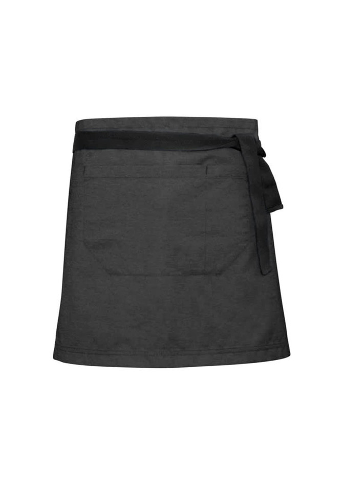 A dark grey waist strap apron with a tie belt and a front pocket, featuring a logo.