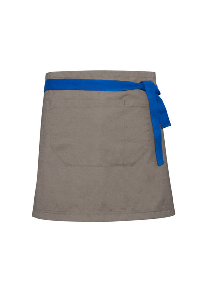 A grey waist apron with a blue tie, featuring a pocket on the back. Includes a small logo detail.