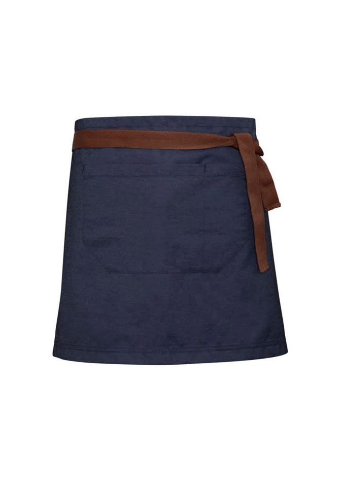 A navy blue waist apron with a brown tied waistband and a front pocket. It features a logo on the design.