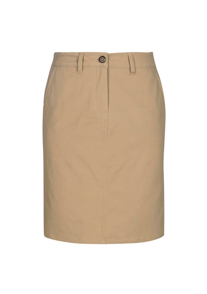 A khaki women's skirt featuring a front button closure and two side pockets. It has a simple and classic design.