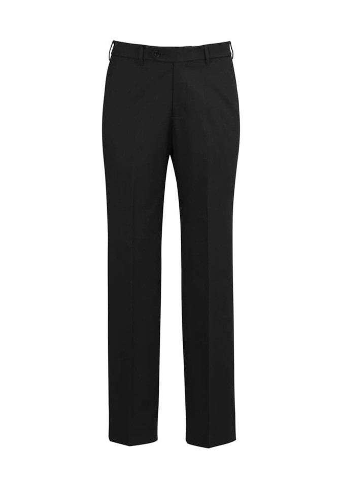 Classic flat-front men's pants in black, featuring a straight-leg design and a subtle branding logo.