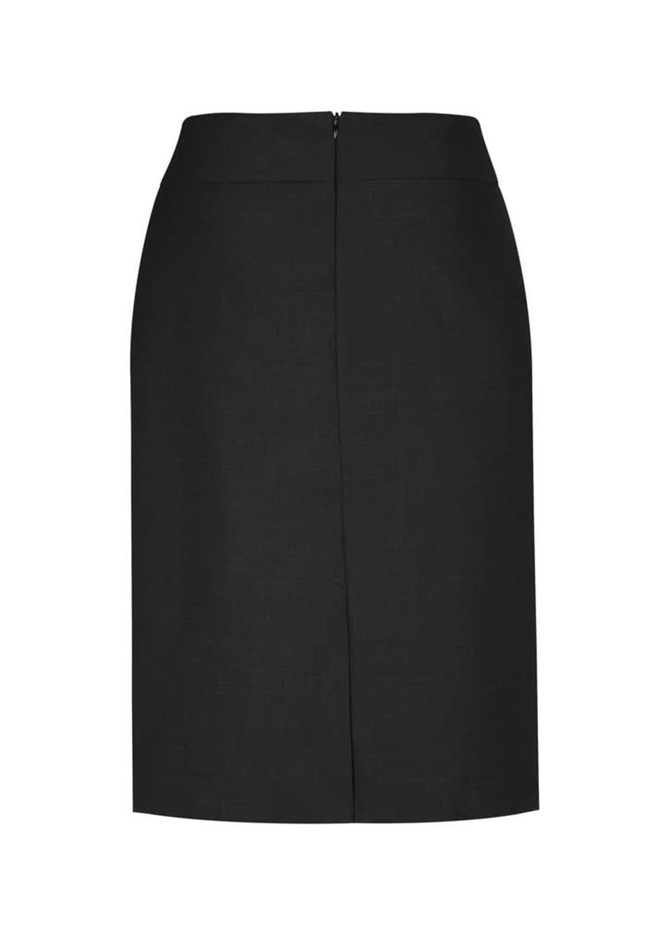 A women's classic below-knee skirt in black, featuring a simple design and a back zip closure.