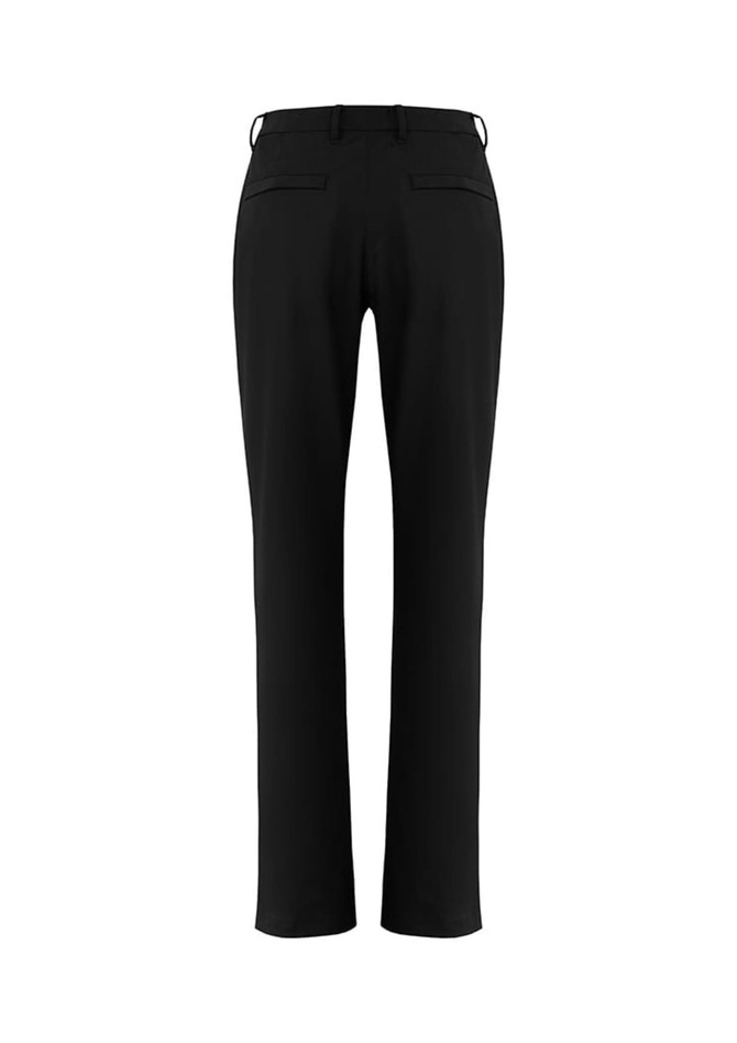 Black women's slacks with a straight-leg design and two back pockets, featuring a branding logo on the waistband.