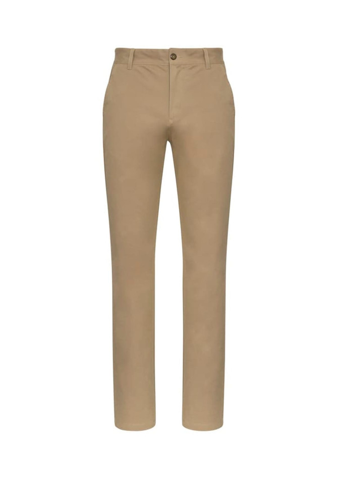 A pair of men's chino pants in a light tan colour, featuring a button closure and front pockets.