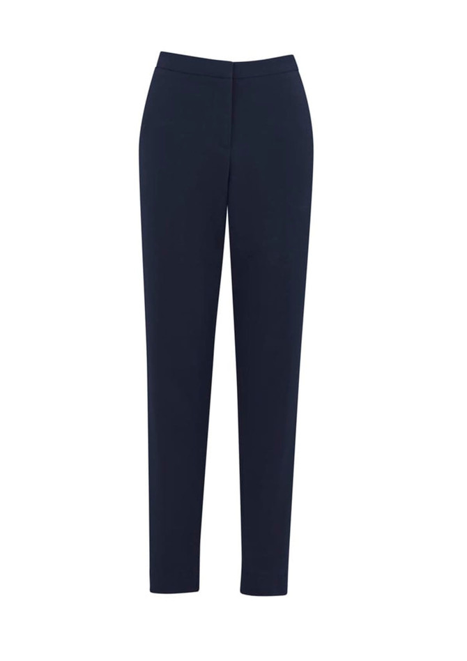 A pair of women's slacks in navy blue, featuring a sleek, tailored design and a logo.