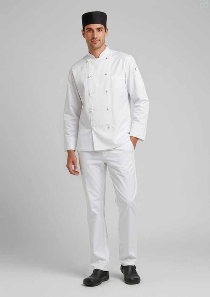 A chef in a white uniform and hat stands confidently, wearing black shoes and white trousers. The outfit features a logo.