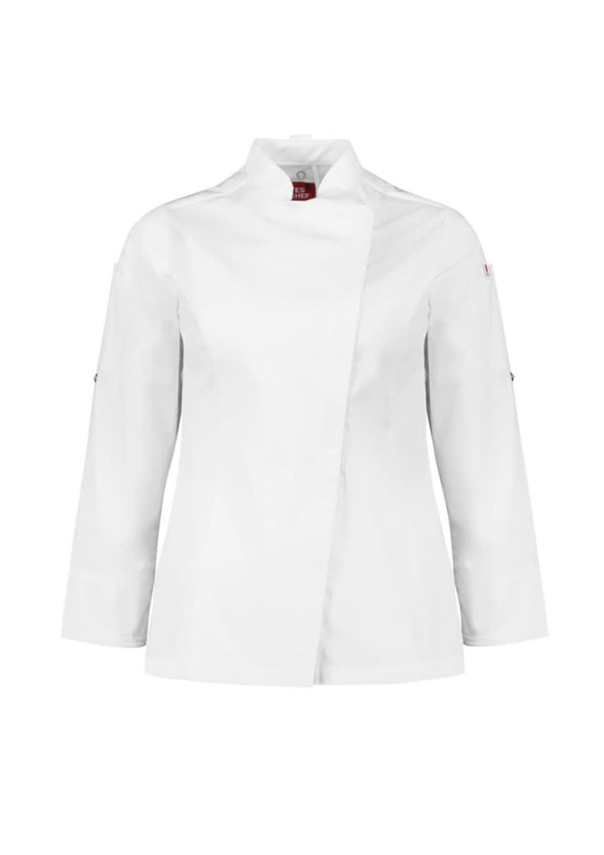 A white long sleeve chef jacket featuring a sleek design and a logo on the sleeve.