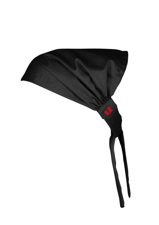 A black chef bandana with a tie closure and a logo on the band.