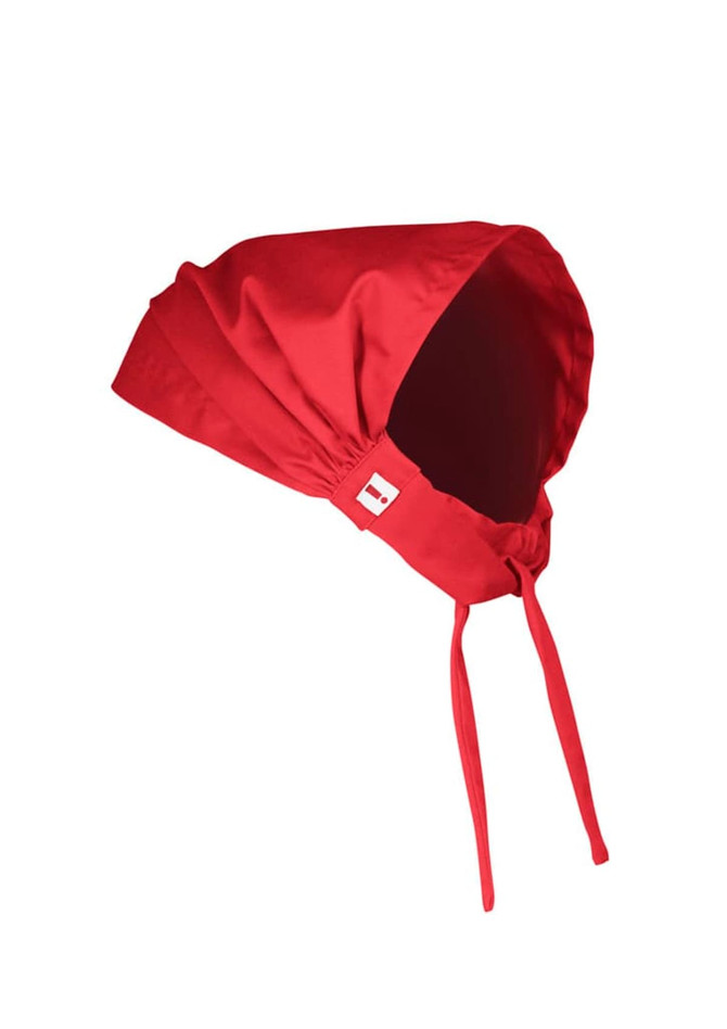 A red chef bandana with ties at the back and a logo on the side.