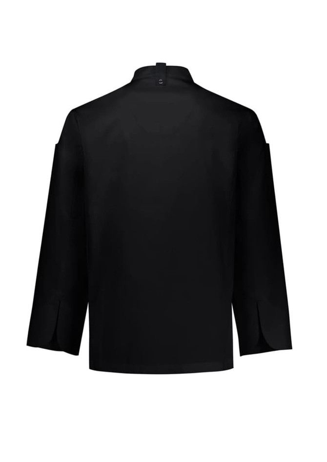 A black long sleeve chef jacket featuring a classic design and a logo on the back. Suitable for culinary uniforms.