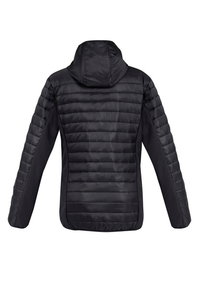 A black unisex patrol jacket with a hood and quilted design on the back. It features a logo or branding.