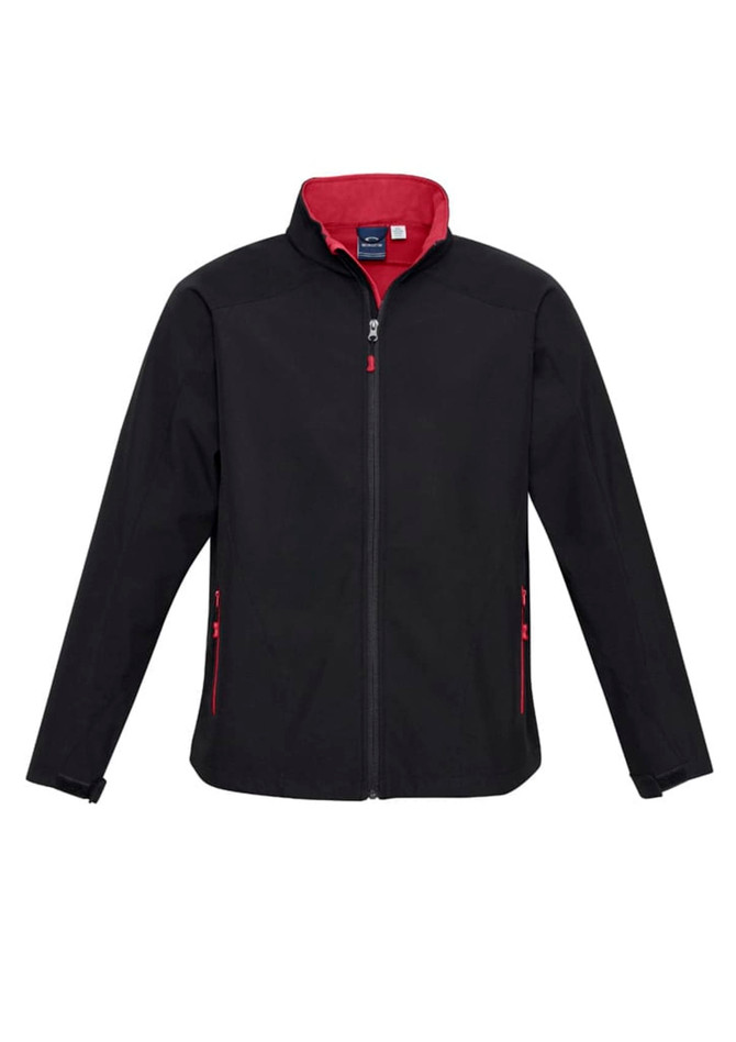 A black soft shell jacket with red accents and zippered pockets, featuring a branding logo.