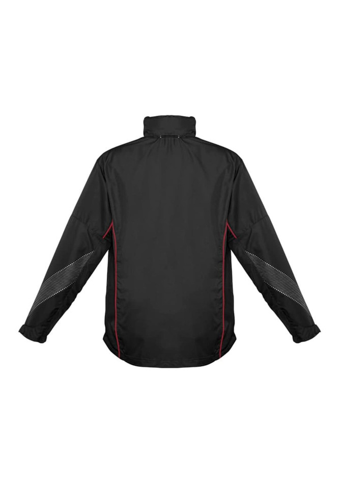 A black unisex jacket featuring red accents and reflective detailing, with a high collar and long sleeves.