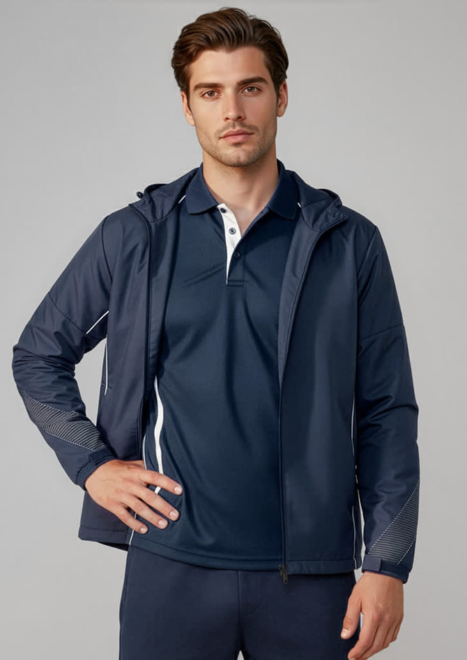 A navy unisex razor jacket featuring a hood and contrasting panel detailing. Includes a logo on the chest.