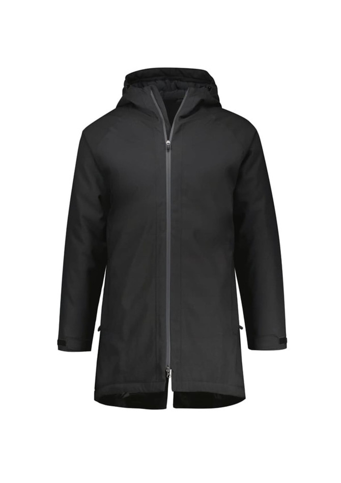 A unisex rain jacket in black with a hood and a front zipper, featuring a logo on the chest.