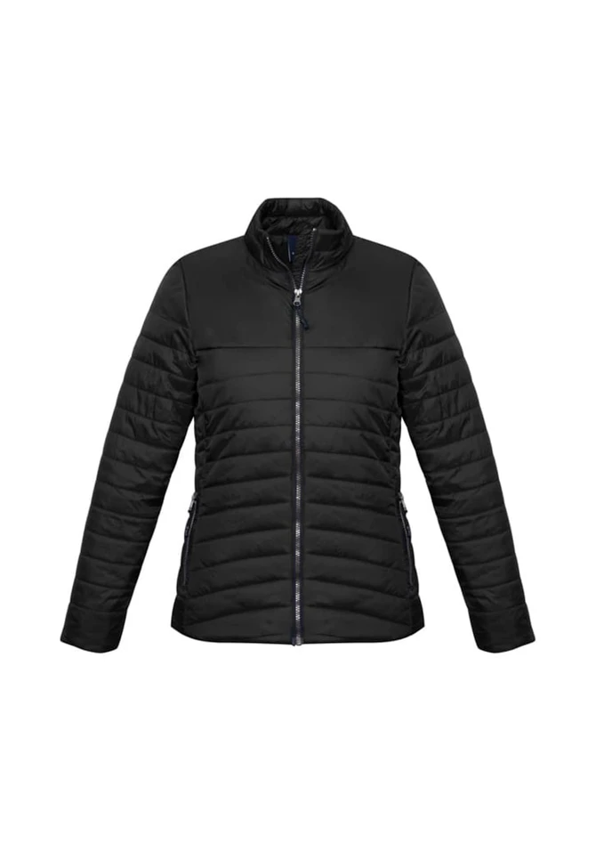 A black women's puffer jacket with a zip front and ribbed collar, featuring side pockets and a logo.