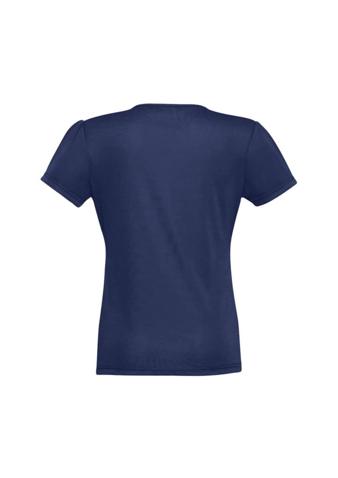 A navy blue women's chic top with short sleeves and a simple design. It has a logo on the back.