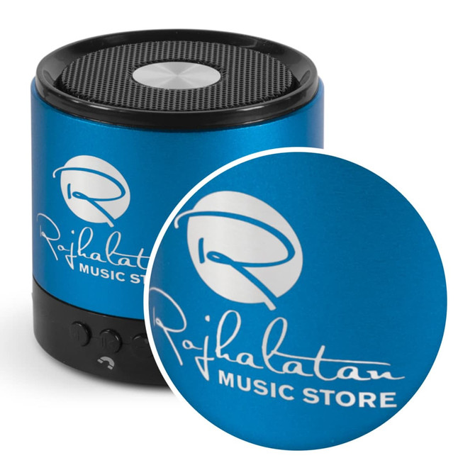 A blue Bluetooth speaker with a round top, featuring a logo and control buttons on the base.