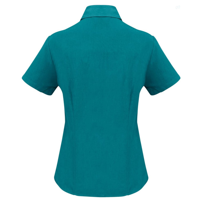 A teal short sleeve button-up shirt with a fitted silhouette and a collar. It features branding on the back.