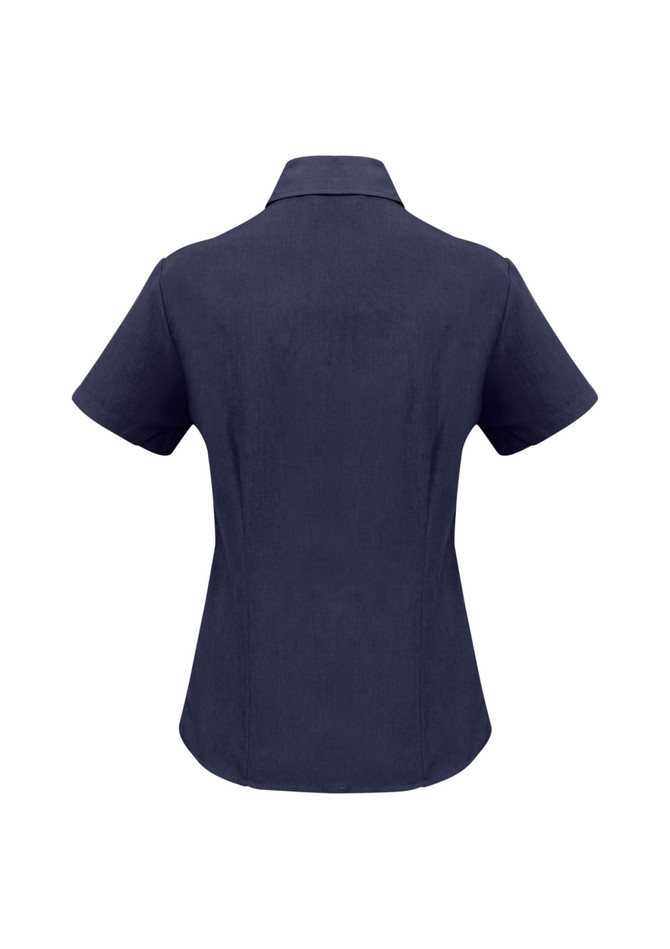 A navy blue women's short sleeve button-up shirt with a collared neckline and a fitted design at the back.