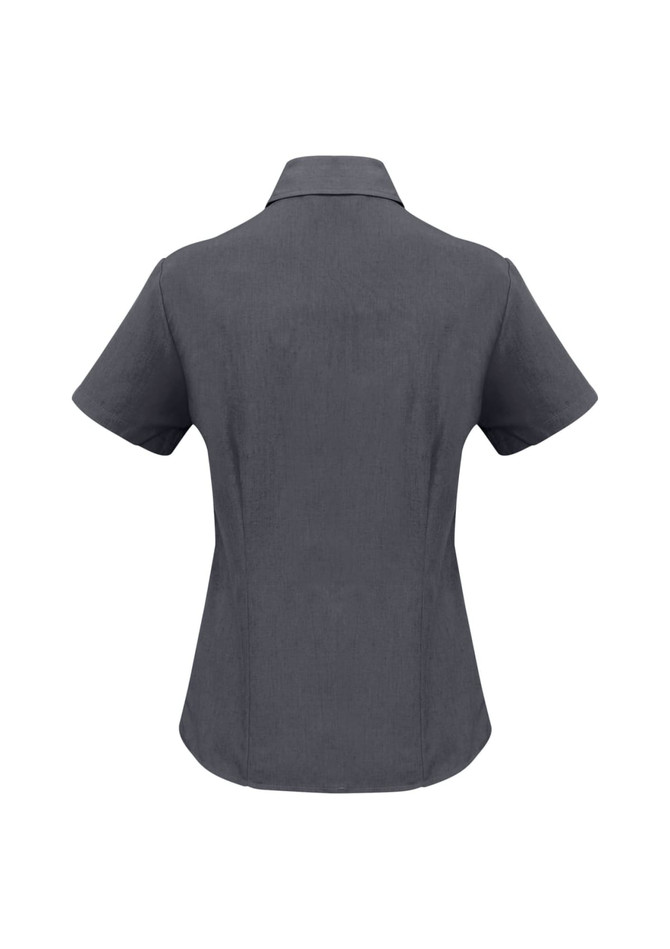 A grey short sleeve button-up shirt with a collar and fitted design, featuring a branding logo.
