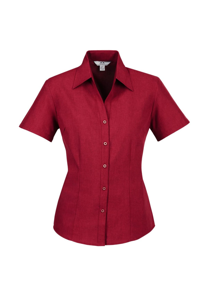A women's short sleeve button-up shirt in a rich burgundy colour, featuring a tailored fit and a collar.