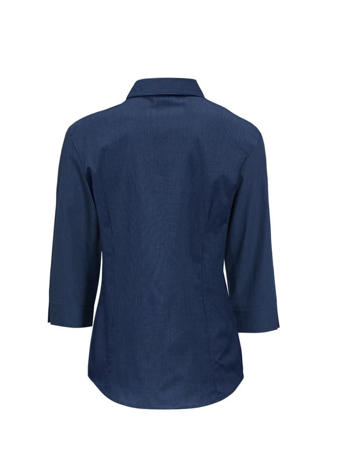 A women's micro check 3/4 sleeve shirt in navy, featuring a classic collar and a back view design.