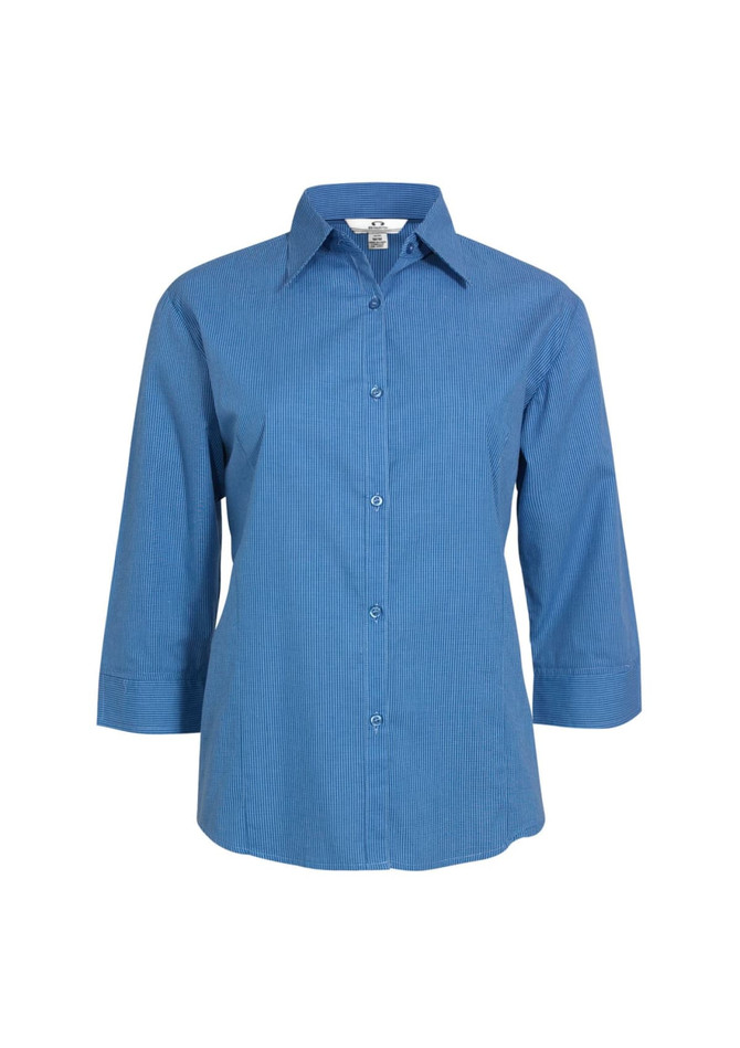 A blue women's micro check 3/4 sleeve button-up shirt with a collared neck and a logo.