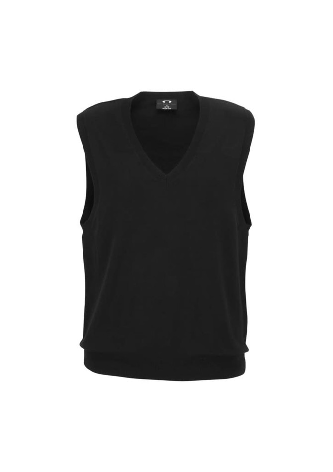 A black women's V-neck knit vest with a sleeveless design and a ribbed hem. Features a logo on the label.
