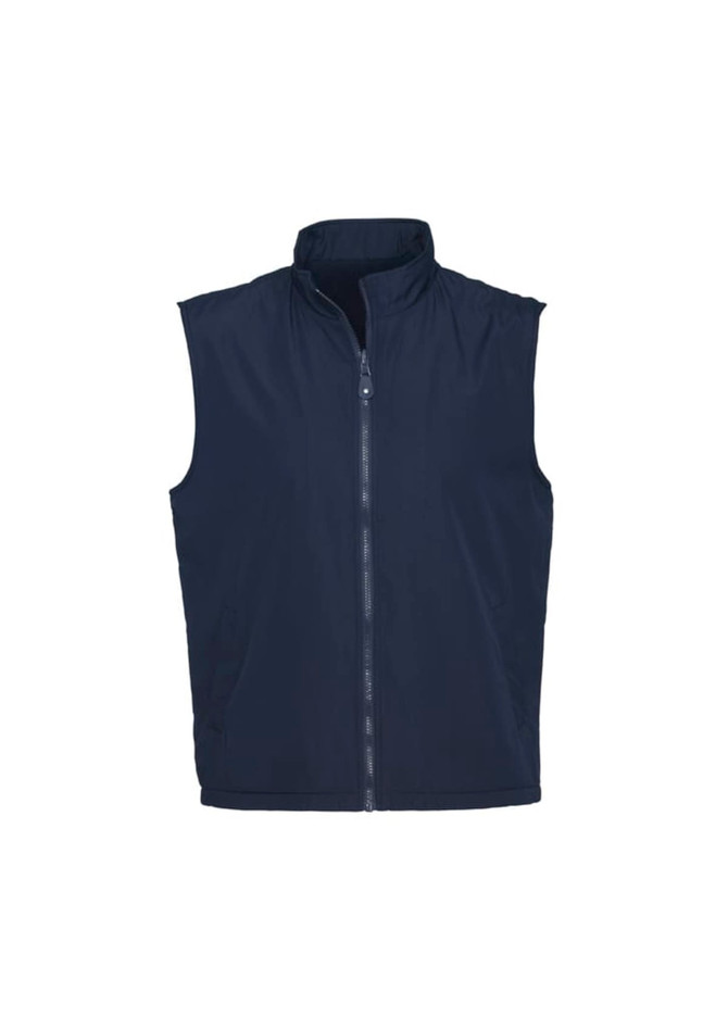 A unisex reversible fleece vest in navy blue featuring a front zipper and no sleeves. Includes a logo.