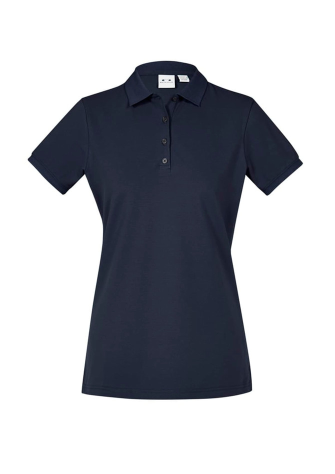 A women's short sleeve polo shirt in navy blue, featuring a collar and buttons, with a logo on the chest.