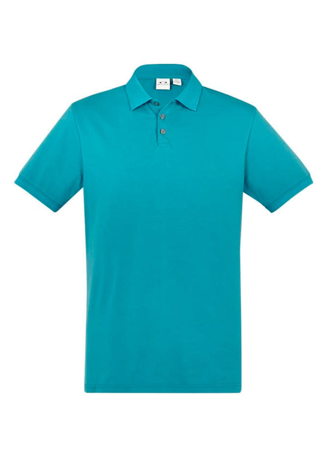 A teal short sleeve polo shirt featuring a classic collar and a button placket, with a logo on the chest.