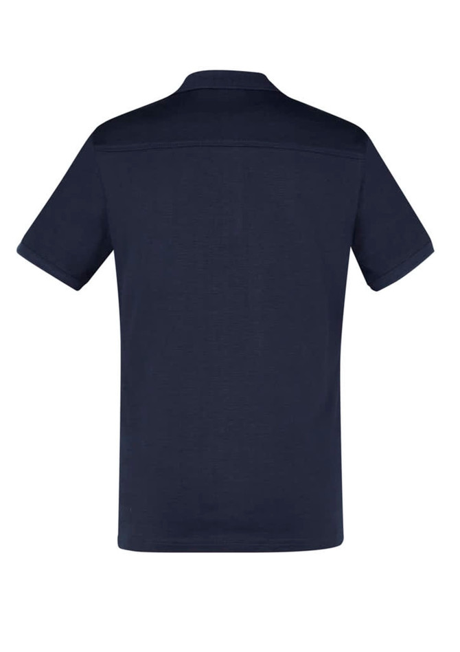 A navy blue short sleeve polo shirt featuring a collar and a logo.
