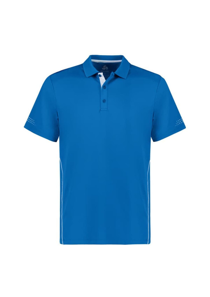 A blue short sleeve polo shirt featuring a collar and a logo. It has contrasting details along the sides.