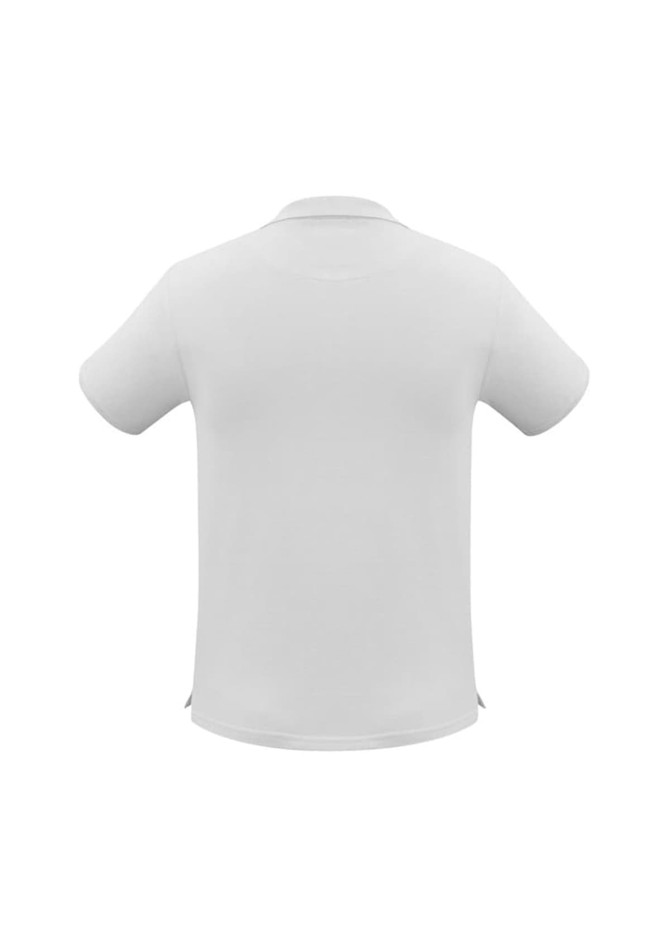 A white men's neon short sleeve polo shirt featuring a logo on the front.