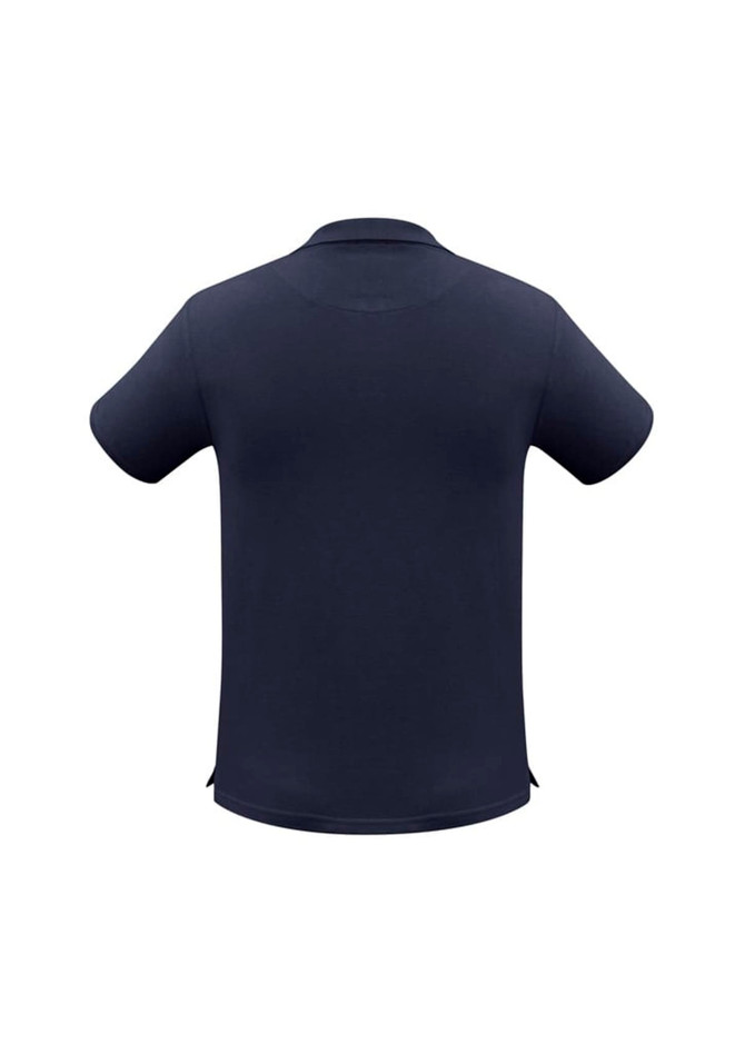 A dark navy short sleeve polo shirt featuring a collar and a logo on the chest.