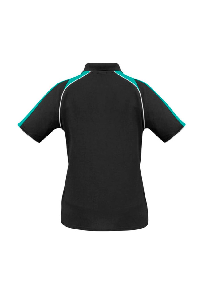 A black women's polo shirt with teal accents, featuring a logo on the back.