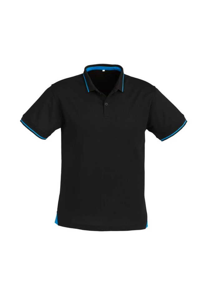A black short sleeve polo shirt featuring blue trim and a logo.
