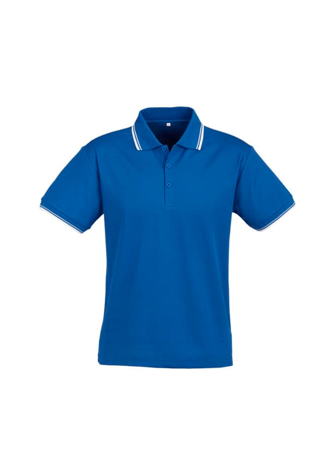 A blue short sleeve polo shirt with white accents and a collar, featuring a logo.