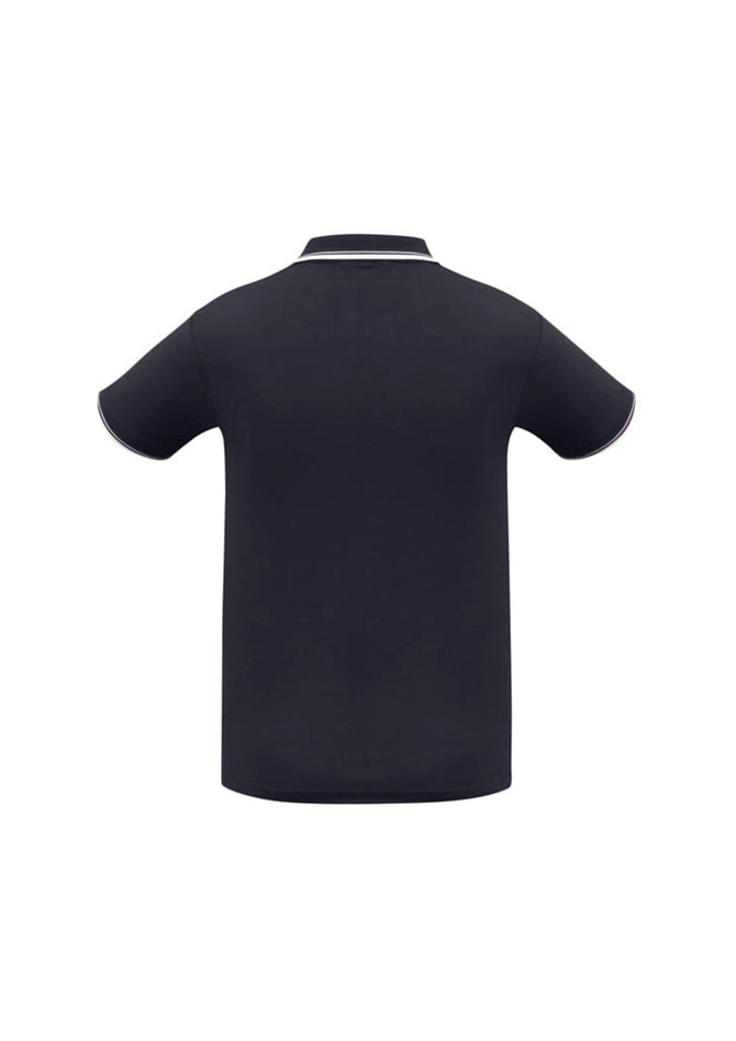 A navy blue men's short sleeve polo shirt featuring a contrasting collar and sleeve trim, with a logo displayed.