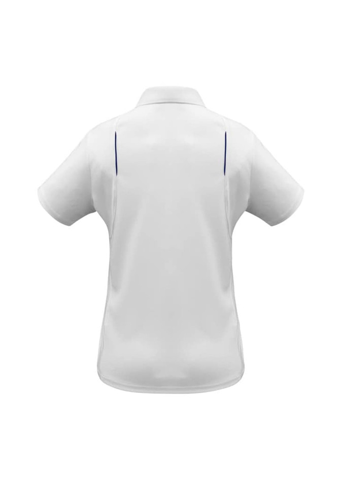A white women's polo shirt featuring short sleeves and a sleek design, with contrasting details and branding.