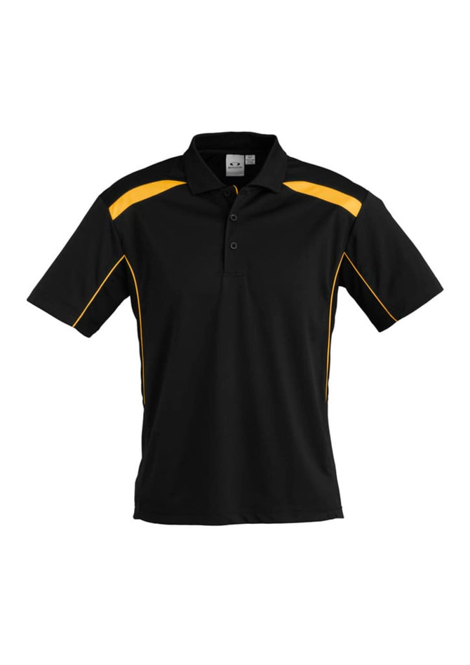 A black short sleeve polo shirt featuring yellow accents and a logo on the chest.