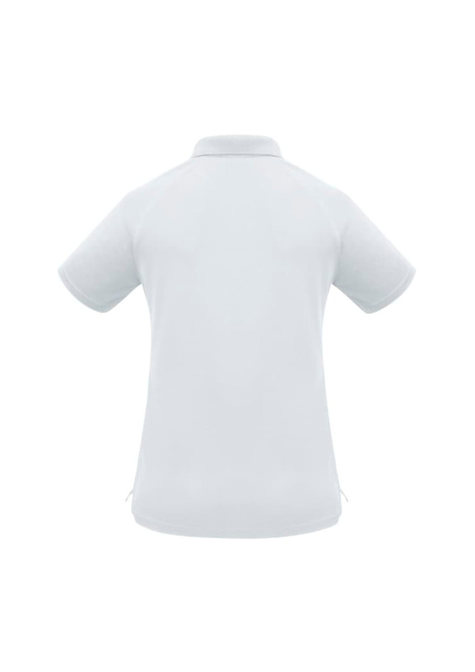 A women's short sleeve polo shirt in a light blue shade, featuring a collar and a logo.