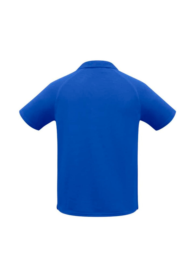 A blue men's short sleeve polo shirt featuring a simple design and a collar, with a logo on the back.