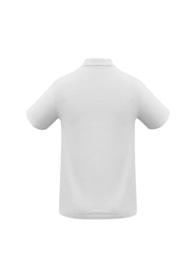 A white polo shirt featuring a collar and short sleeves, with a logo on the back.