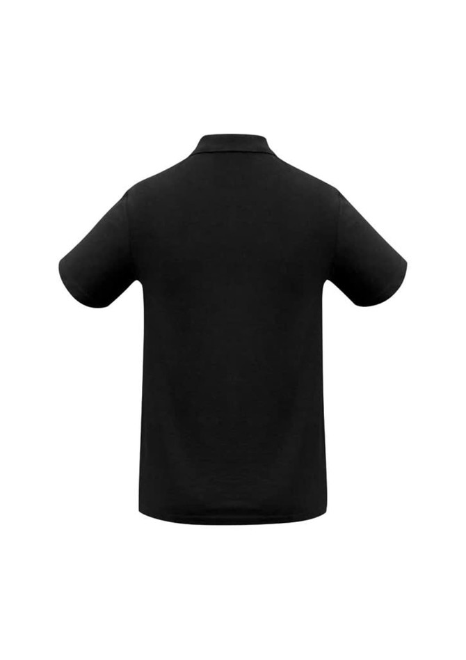 A black men's polo shirt featuring a collar and short sleeves, with a logo present on the garment.