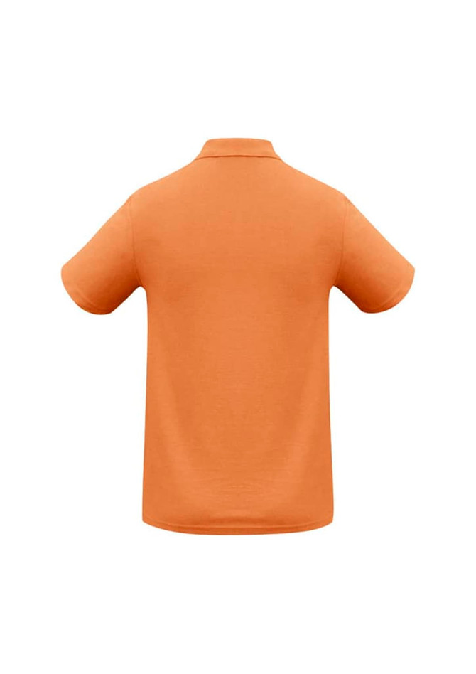 A back view of a short-sleeved, orange polo shirt with a collar and a logo.