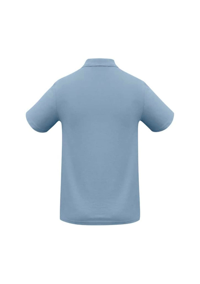 A light blue polo shirt with a collar, featuring short sleeves and a logo on the back.