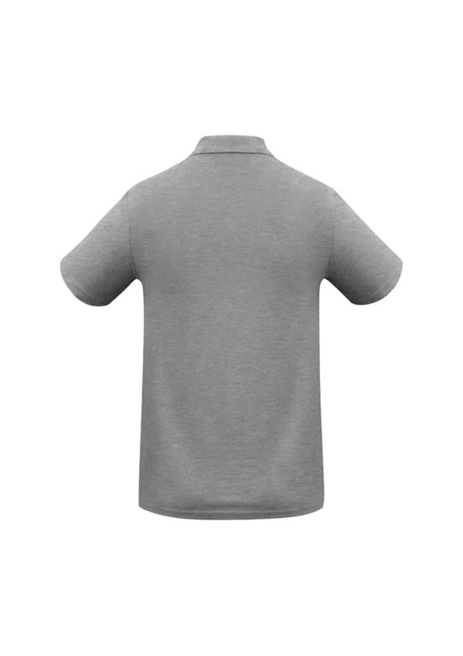 A grey men's polo shirt with short sleeves and a collar, featuring a logo on the back.