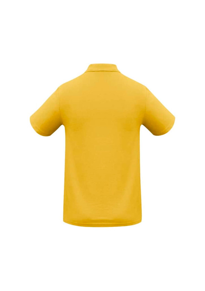 A yellow polo shirt with a classic collar and short sleeves, featuring a logo on the back.